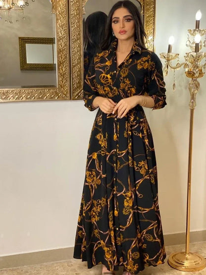 Saviig Ramadan Print Abaya Dress for Women, Elegant Islamic Kaftan Vestidos