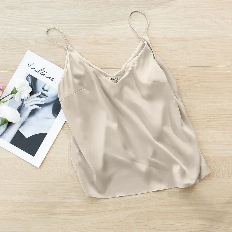 Saviig Satin V-Neck Camisole Top: Chic Sleeveless Tank for Summer