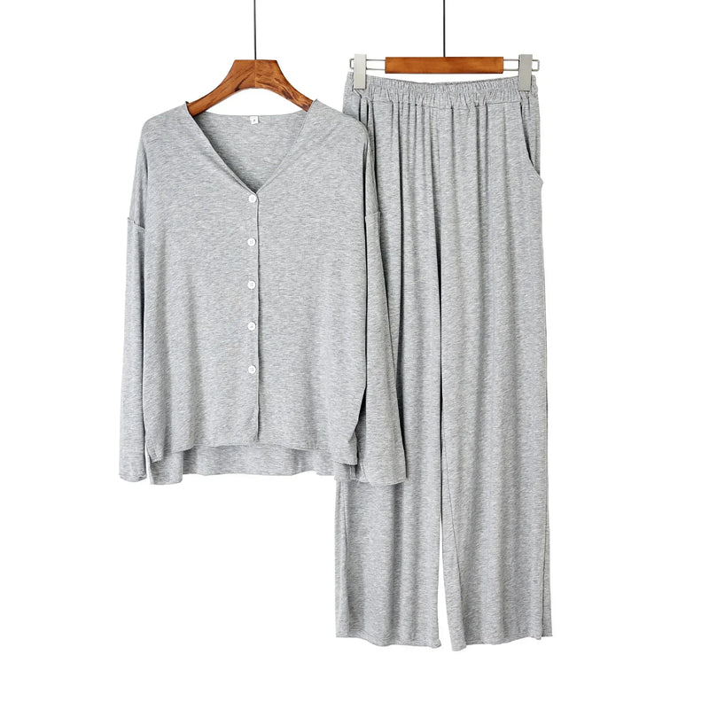 Saviig Cotton Pajama Set, Solid Color Cardigan & Long-Sleeve Pants for Women