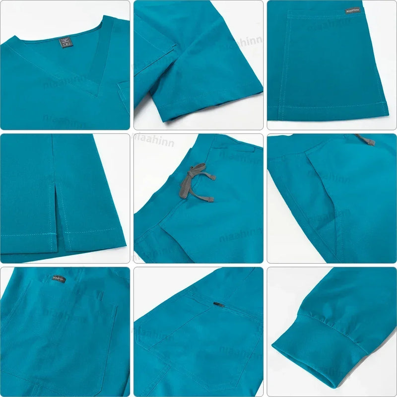 Saviig Men's V-Neck Short Sleeve Scrub Uniform Set for Healthcare Work