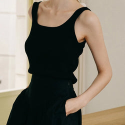 Saviig Knitted Cotton Square Neck Sleeveless Top Retro Bodycon Tank Top