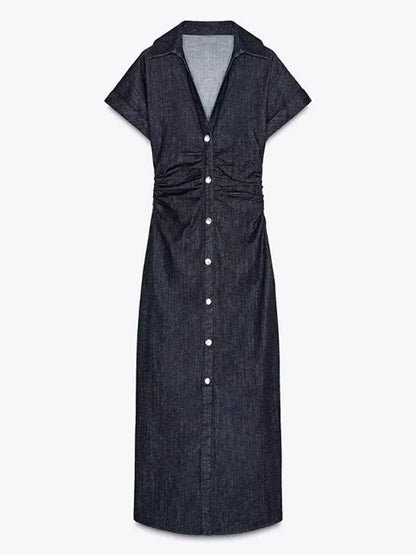 Saviig Chic Pleated Denim Dress: Short Sleeve Lapel Solid Vestidos