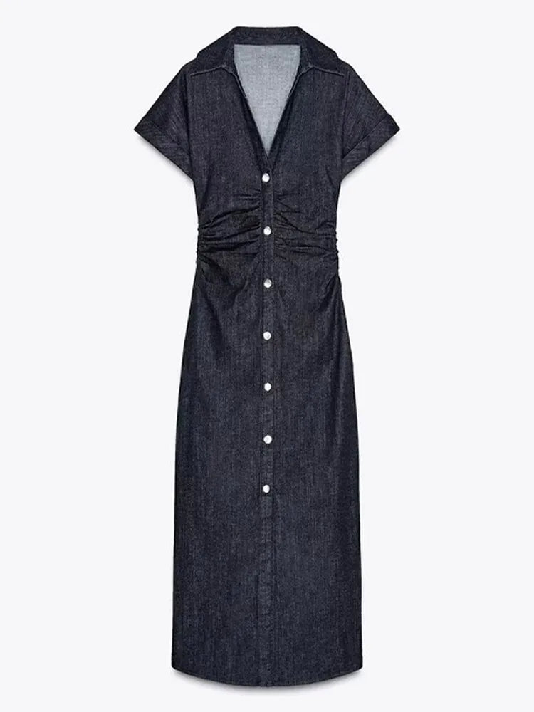 Saviig Chic Pleated Denim Dress: Short Sleeve Lapel Solid Vestidos