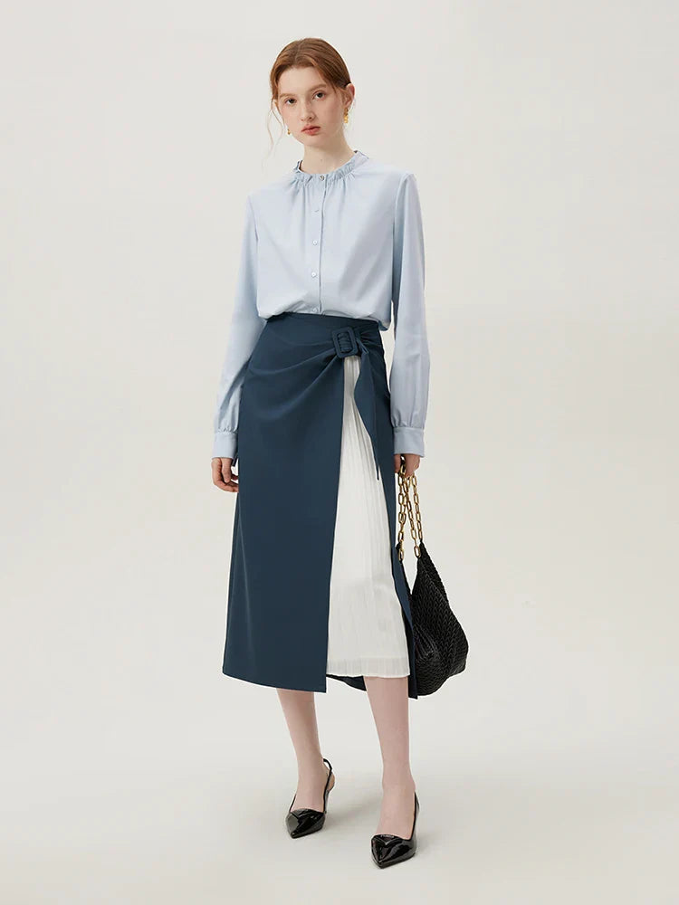 Saviig Blue Modal Collar Blouse: Spring 2024 Fashion Stand Collar Office Shirt