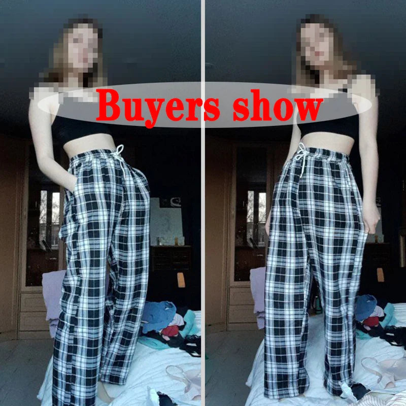 Saviig Harajuku Plaid Pants: Black and White Unisex Wide Leg Trousers