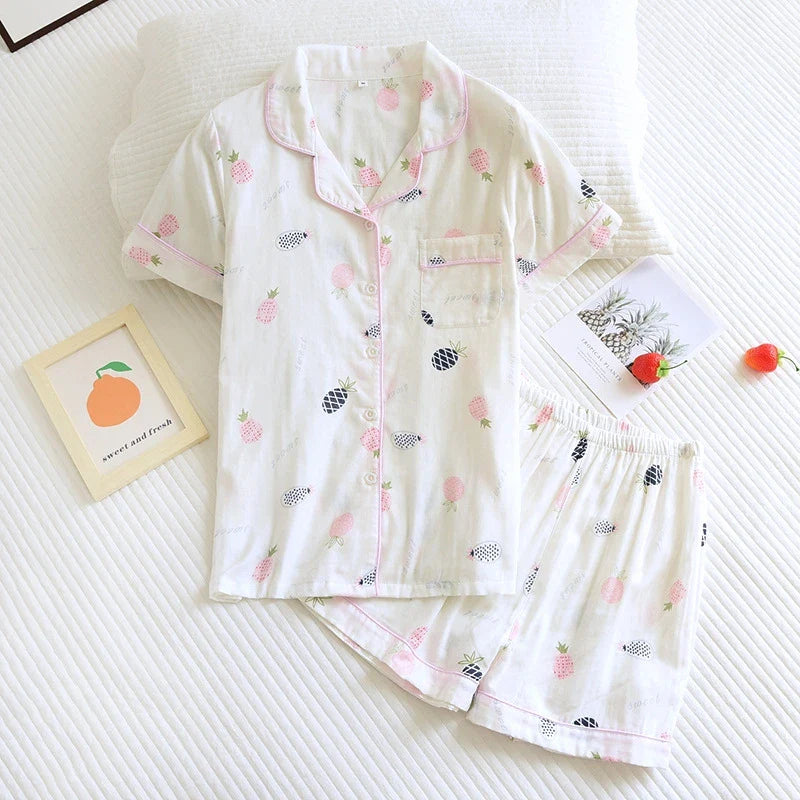Saviig Flower Print Cotton Pajama Set with Button-down Shirt & Shorts