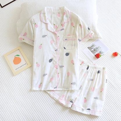 Saviig Flower Print Cotton Pajama Set with Button-down Shirt & Shorts