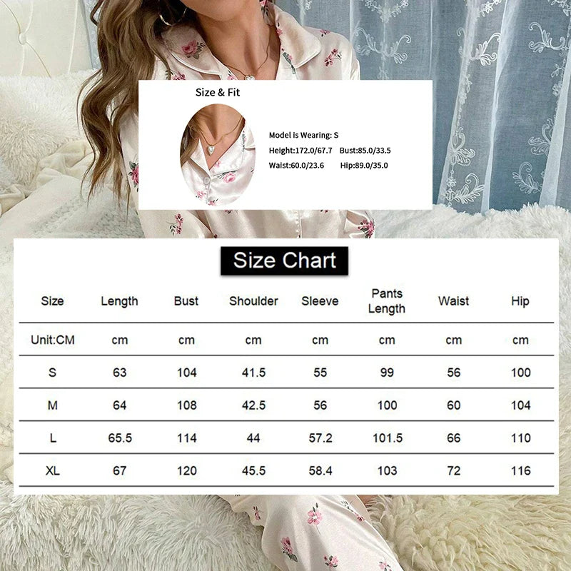 Saviig Floral Print Satin Pajama Set, Long-Sleeve Button Down Loungewear Costume