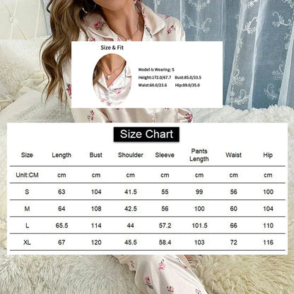 Saviig Floral Print Satin Pajama Set, Long-Sleeve Button Down Loungewear Costume