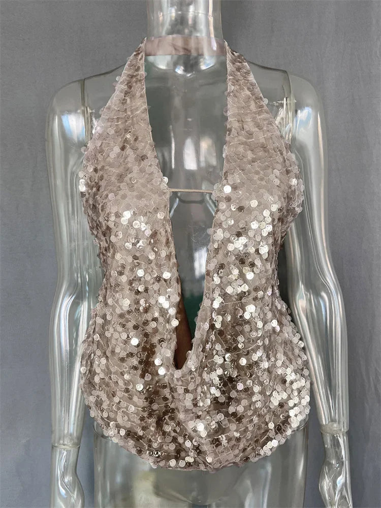 Saviig Summer Sequin V-Neck Tank Top: Sexy Backless Glitter Y2k Cropped Top