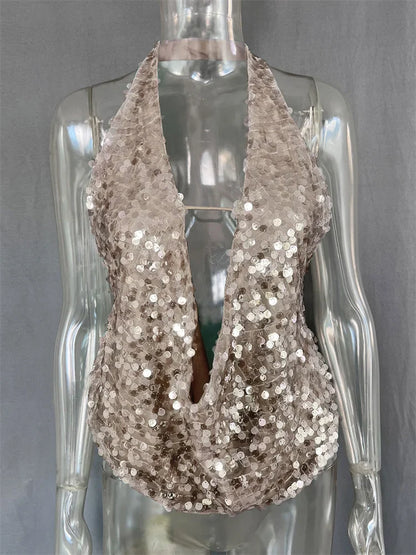 Saviig Summer Sequin V-Neck Tank Top: Sexy Backless Glitter Y2k Cropped Top