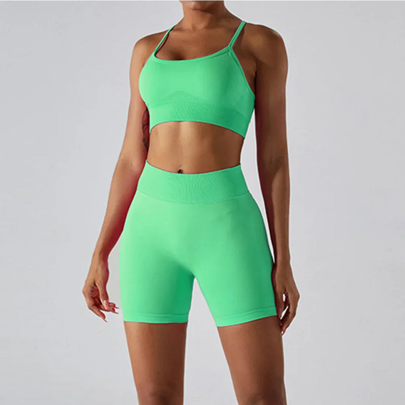 Saviig Seamless Ribbed Yoga Set: Crop Tank & High Waist Shorts Fitness Outfit