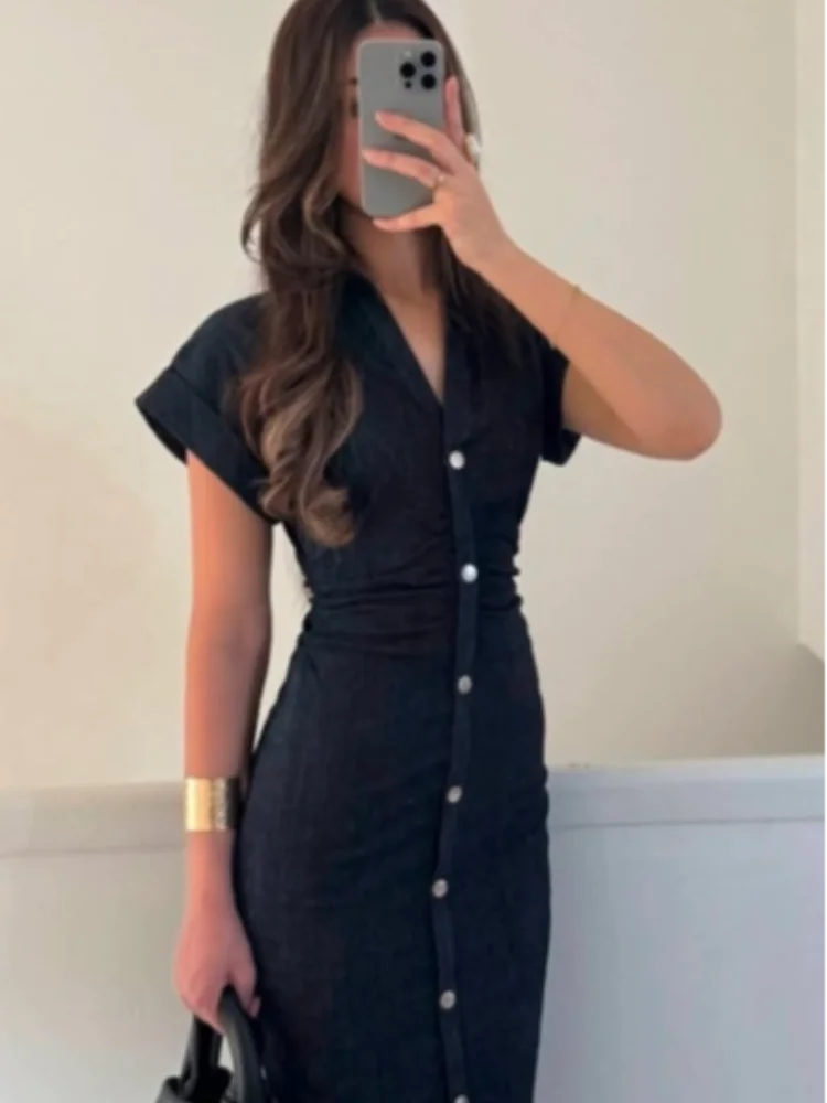 Saviig Chic Pleated Denim Dress: Short Sleeve Lapel Solid Vestidos