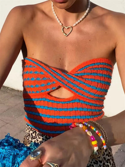 Saviig Striped Knit Tube Top - Sexy Off Shoulder Backless Bustier Streetwear
