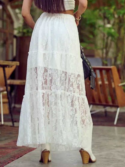 Saviig Lace Hollow Flower Long Skirt - Summer Beach Style Fashion