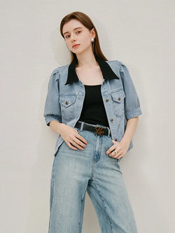 Saviig Cotton Puff Sleeve Polo Neck Denim Shirt - Single Breasted Summer Blouse