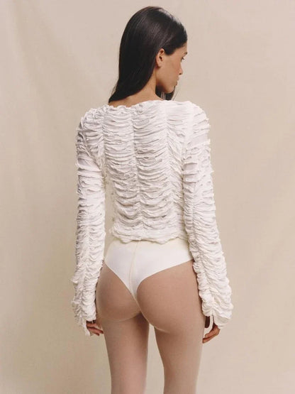 Saviig Ruffled Lace-Up Patchwork Tee Coat White Women's Cropped Top