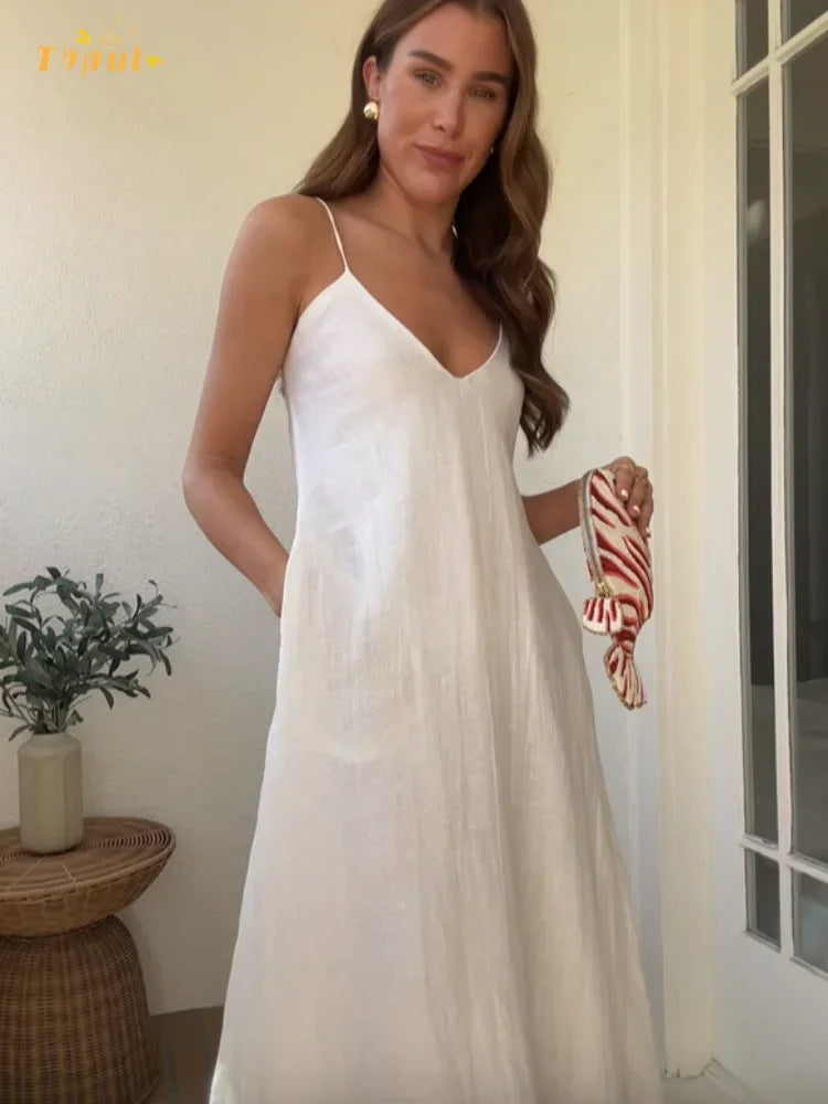 Saviig White V-Neck Sling Dress - Backless, Sleeveless, Loose Fit, Long Summer Dress