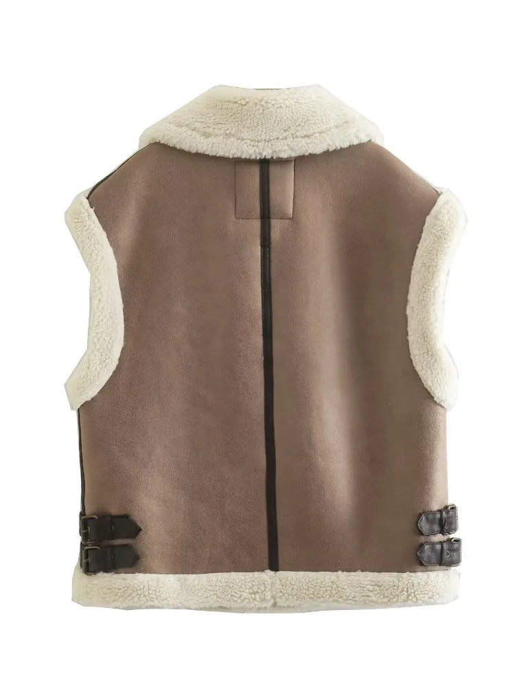 Saviig Contrast Cardigan Vest Sleeveless Zipper Pocket Patchwork Fashion Women's Jackets