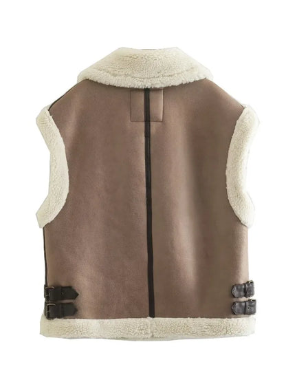 Saviig Contrast Cardigan Vest Sleeveless Zipper Pocket Patchwork Fashion Women's Jackets