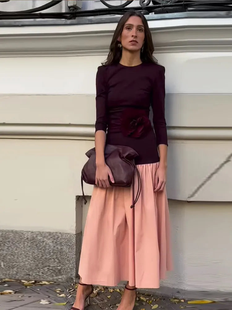Saviig Fashion Contrast Splicing Pleated Long Dress Round Neck Loose Vestido