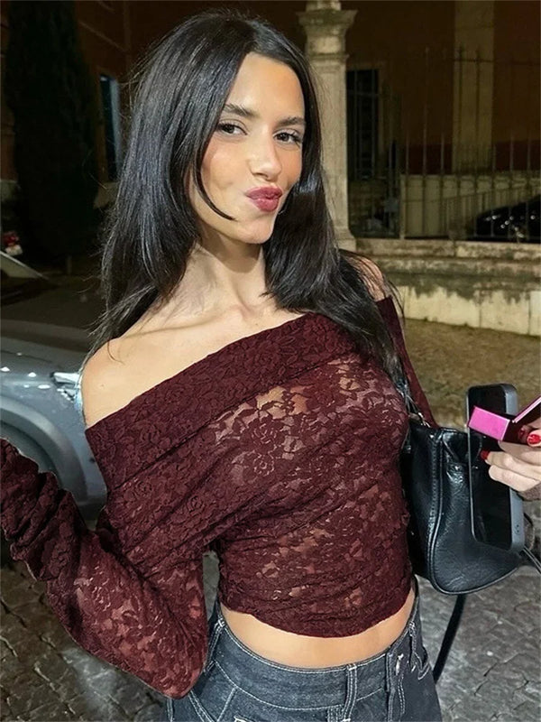 Saviig Lace Hollow Out Off-Shoulder Crop Top Women's Tee