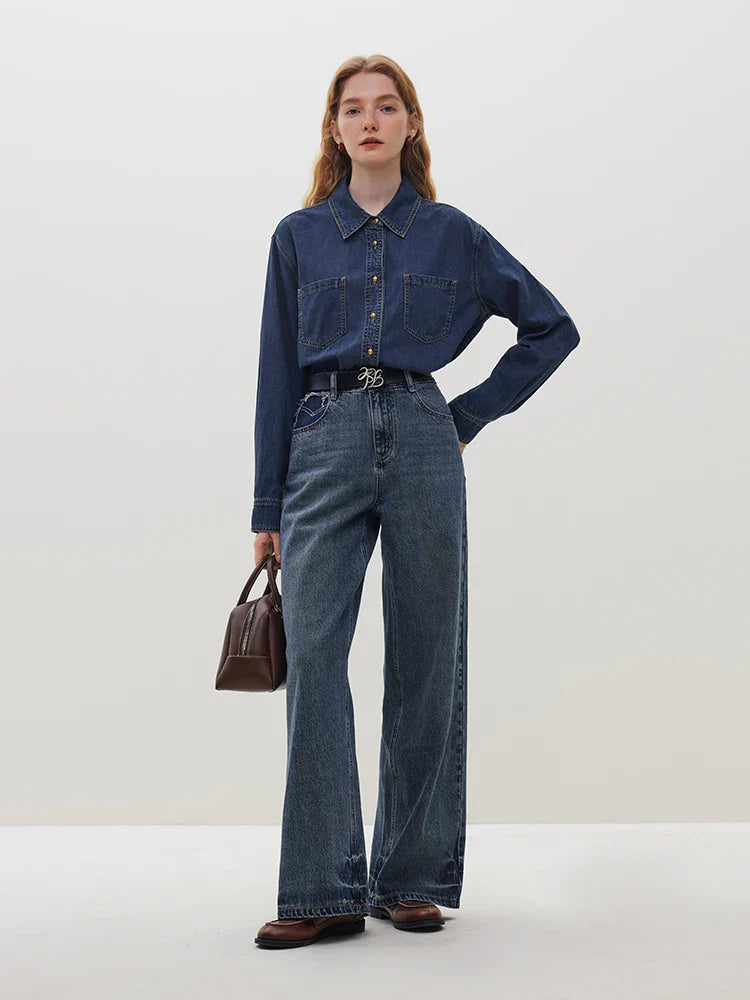 Saviig Deep Blue Soft Denim Shirt - Women's Retro Casual Layered Top