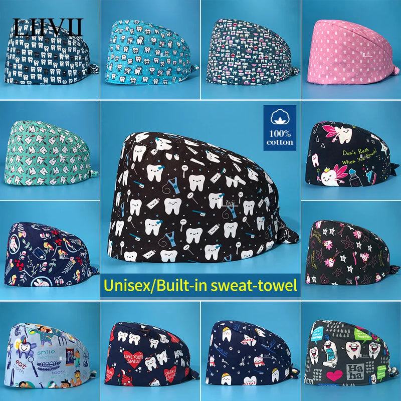 Saviig Tooth Print Unisex Clinic Scrub Cap | High-Quality Cotton Dental Work Hat