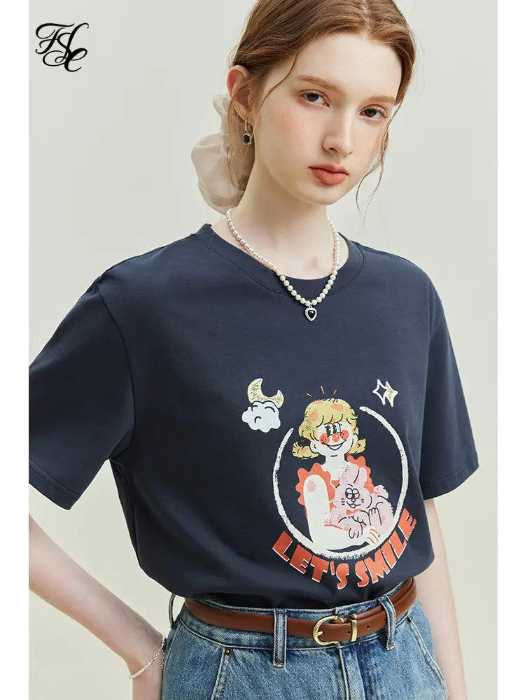 Saviig American Retro Loose Cotton Printed Short-sleeve T-shirt Women Summer Casual Tops