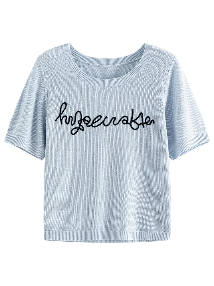 Saviig Blue Knit Tee with Embroidered Letters, Summer Short Sleeve Round Neck Top