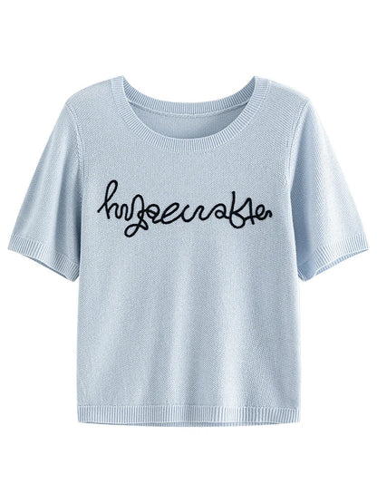 Saviig Blue Knit Tee with Embroidered Letters, Summer Short Sleeve Round Neck Top