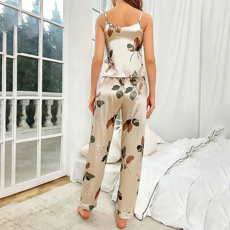 Saviig Leaf Print Pajama Set for Women - Cami Top and Trouser Sleepwear