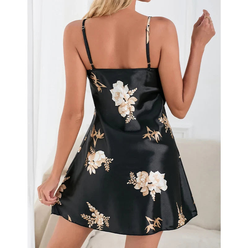 Saviig Satin Slip Nightdress with Adjustable Straps and Floral Print