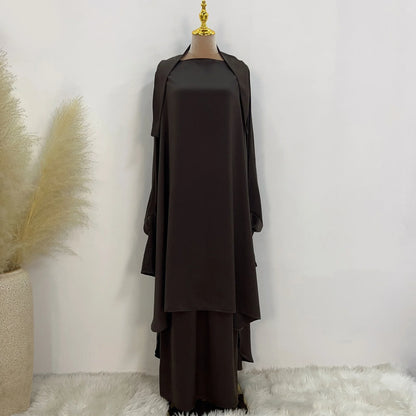 Saviig Satin Jilbab Set, Smocked Abaya, Khimar, Side Pocket Skirt