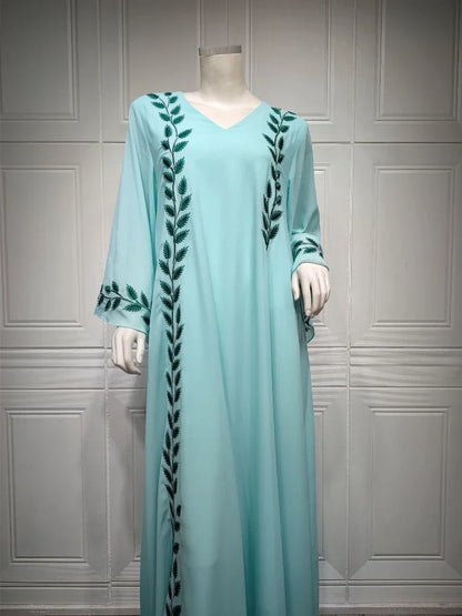 Saviig Embroidered V-Neck Ankle-Length Floral Kaftan for Elegant Muslim Women