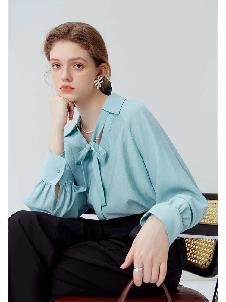 Saviig Lace-Up V-Neck Shirt: French Style Detachable Ribbon, Autumn 2023 Chic Top