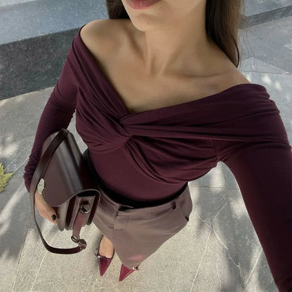 Saviig High Waist Off Shoulder Twist Top Slim Long Sleeve T-Shirt