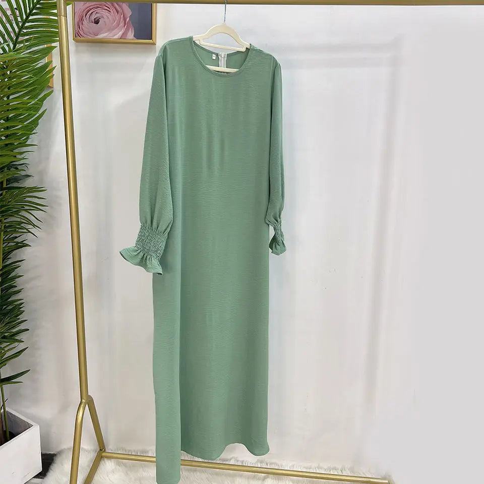Saviig Abaya Inner Long Dress with Smocked Cuffs - Modest Muslim Woman Casual Robe