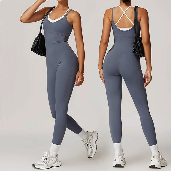 Saviig Color Blocking Yoga Jumpsuit Fitness Romper Gym Set Work Tracksuit