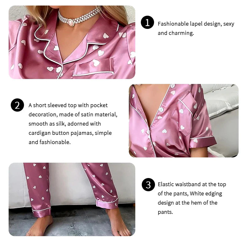 Saviig Heart Print Satin Pajama Set - Short Sleeve Top & Pants Pyjamas