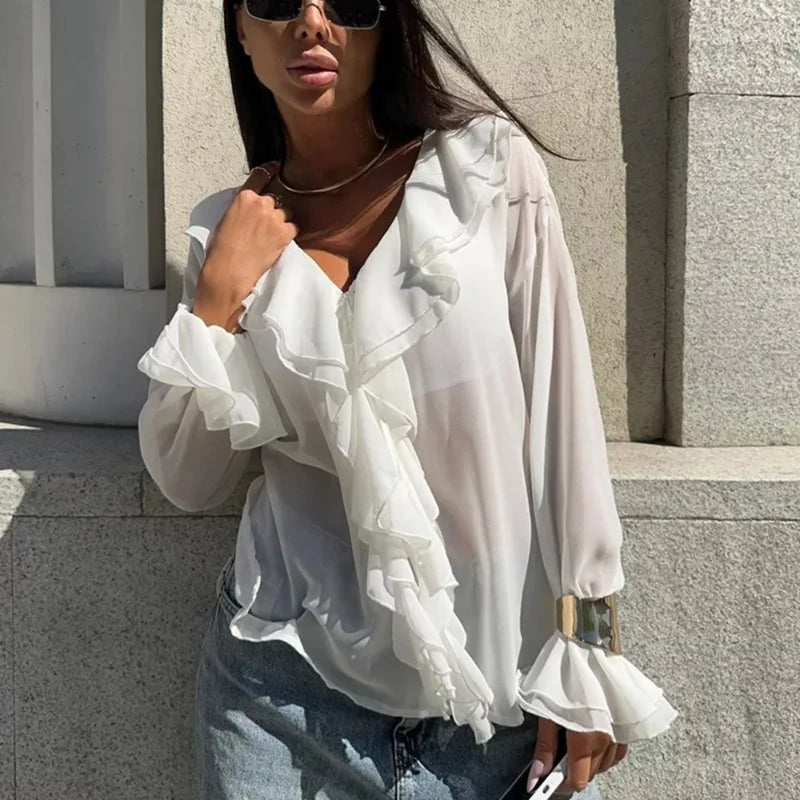 Saviig Summer White Chiffon Ruffle V-Neck Shirt