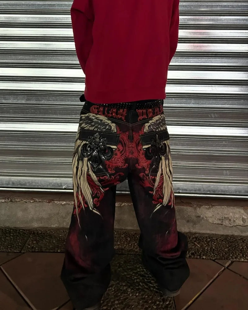 Saviig Harajuku Fashion Letter Embroidery Oversized Baggy Jeans Men Retro Gothic Trousers