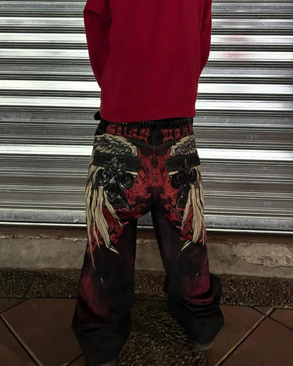 Saviig Harajuku Fashion Letter Embroidery Oversized Baggy Jeans Men Retro Gothic Trousers