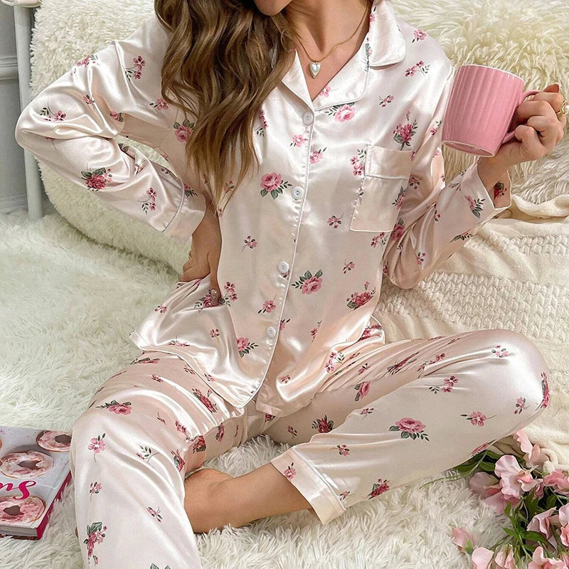 Saviig Floral Print Satin Pajama Set, Long-Sleeve Button Down Loungewear Costume