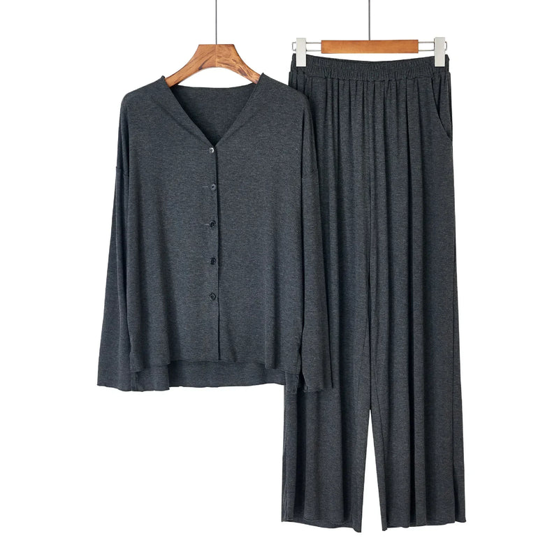 Saviig Cotton Pajama Set, Solid Color Cardigan & Long-Sleeve Pants for Women