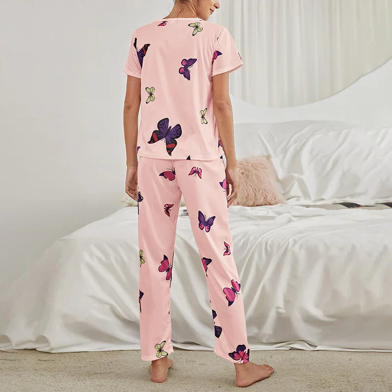 Saviig Butterfly Print Pajama Set for Women - Soft Sleepwear Top & Pants