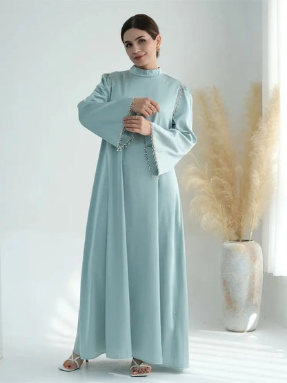 Saviig Ramadan Satin Diamond Abaya Dress for Muslim Women