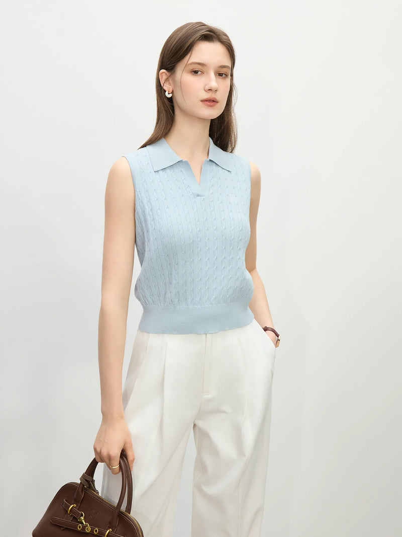 Saviig Cable Knit Sleeveless Vest with Polo Collar Embroidery
