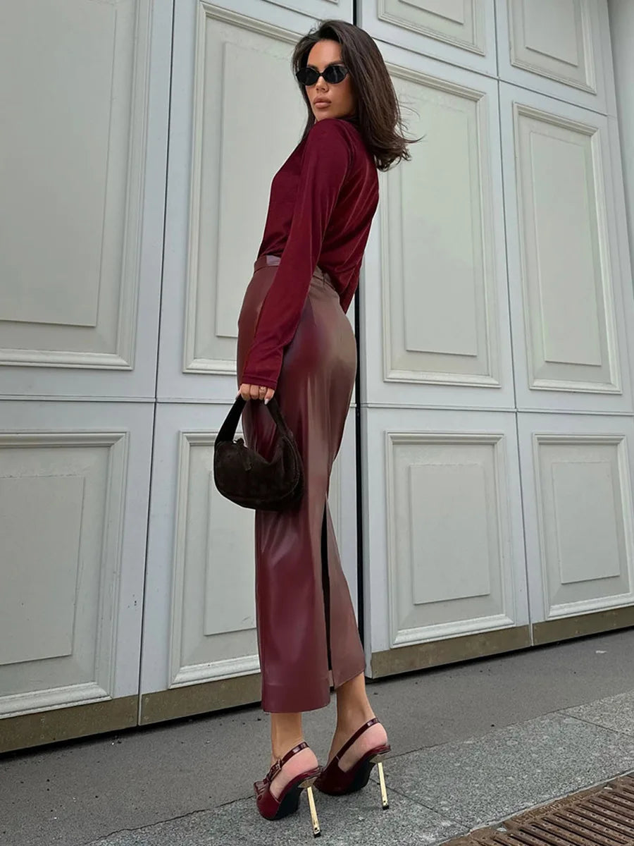 Saviig Retro Split Hip Skirt, Red PU Leather, Slim Fit, Stylish Long Skirt