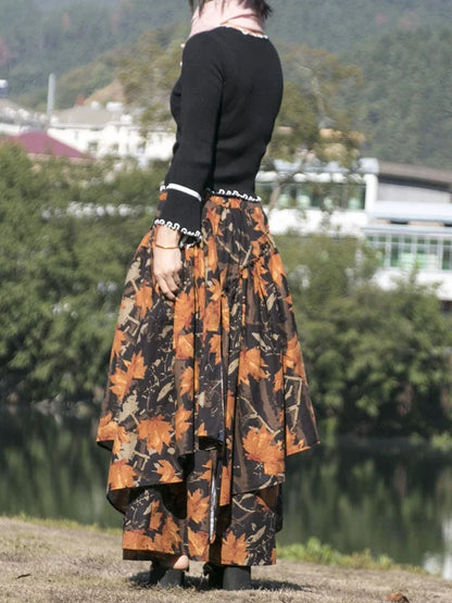 Saviig Retro Cotton Linen Medieval Maxi Skirt Irregular Hem Elastic Waist